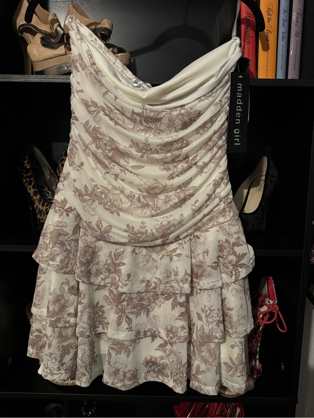 Madden Girl Cream and Taupe Floral Tiered Mini Dress